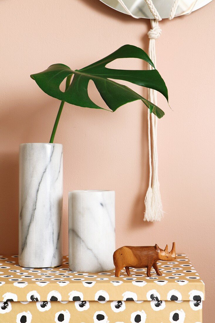 Cheese plant leaf in marble vase next to carved rhino on top of patterned cardboard box