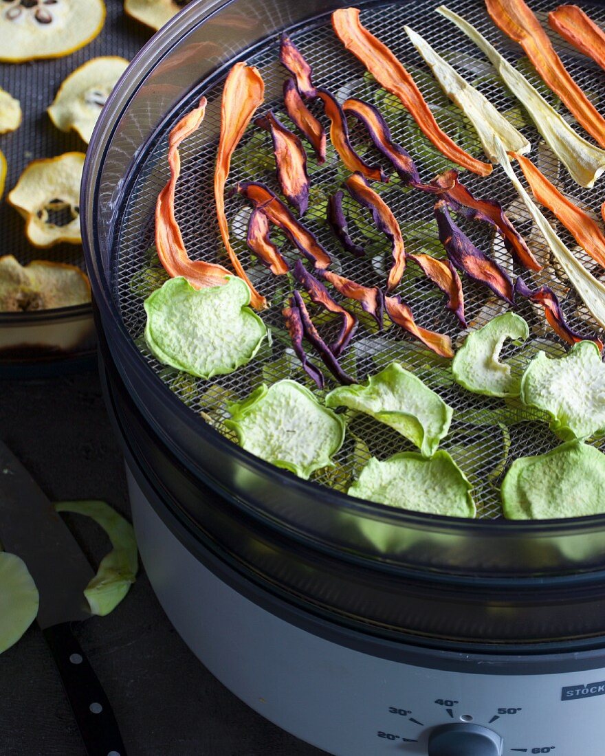 Colourful vegetables being dried in a dehydrating device