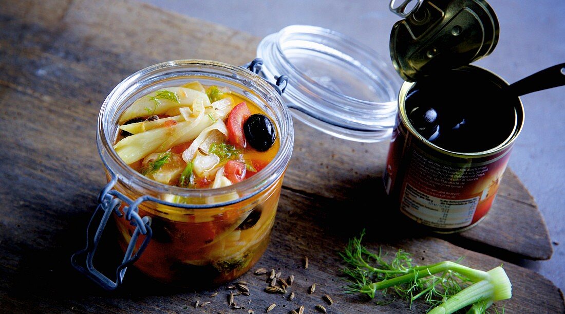 Preserved fennel with tomatoes and olives