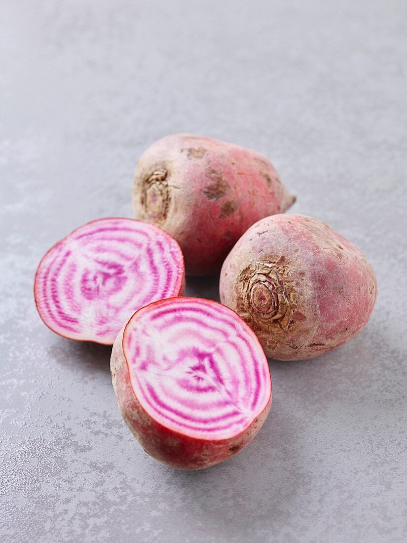 Chioggia beet, whole and halved