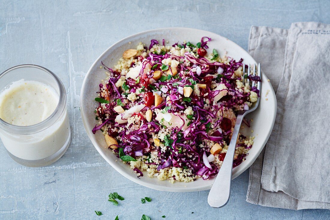 Vegan red cabbage tabbouleh with cashew yoghurt (soya-free)