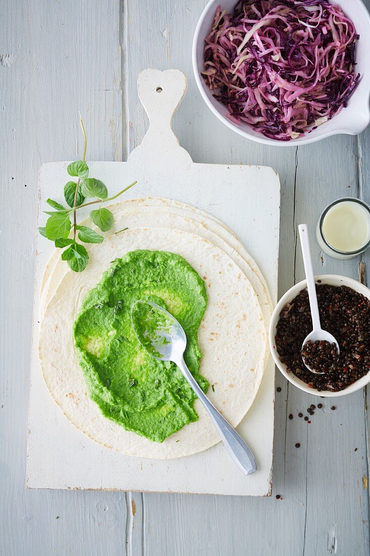Ingredients for wraps with red cabbage, lentils and mushy peas