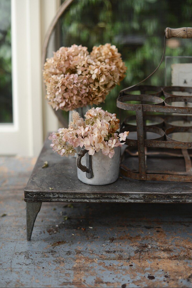 Dried hydrangeas in old zinc jug