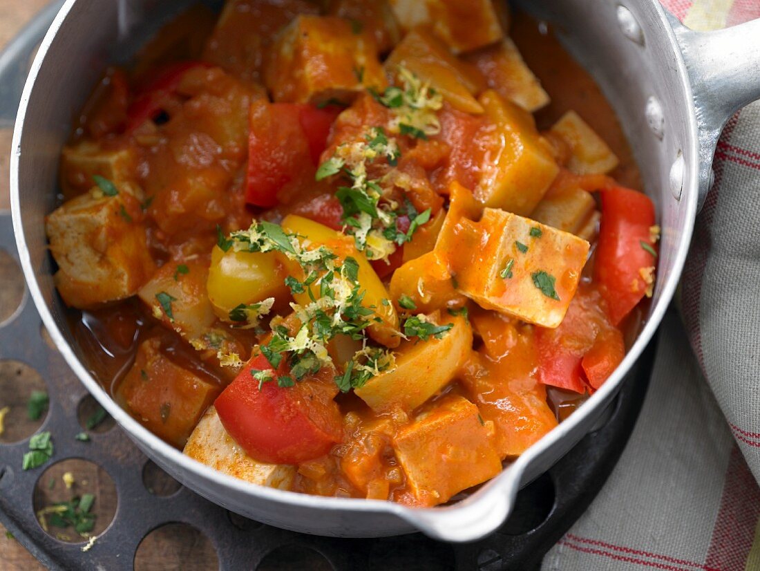 Hungarian tofu goulash with peppers, potatoes and tomatoes