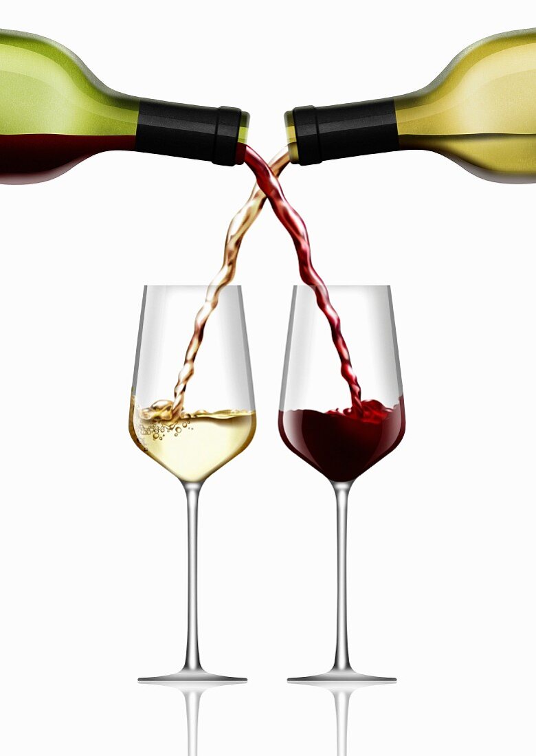Intertwined red wine and white wine pouring into wine glasses