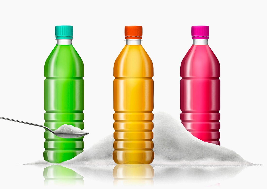 Reihe von Flaschen mit farbenfrohen Erfrischungsgetränken und Zuckerhaufen