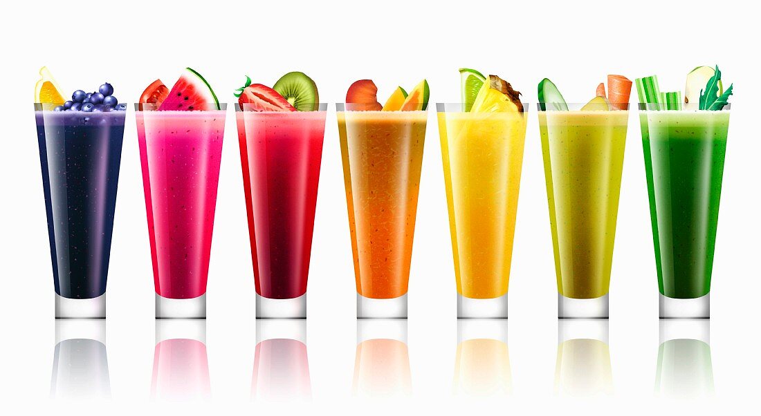 Lots of different bright colored fruit and vegetable smoothies in a row