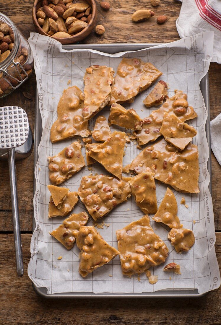 Nut brittle on a baking tray