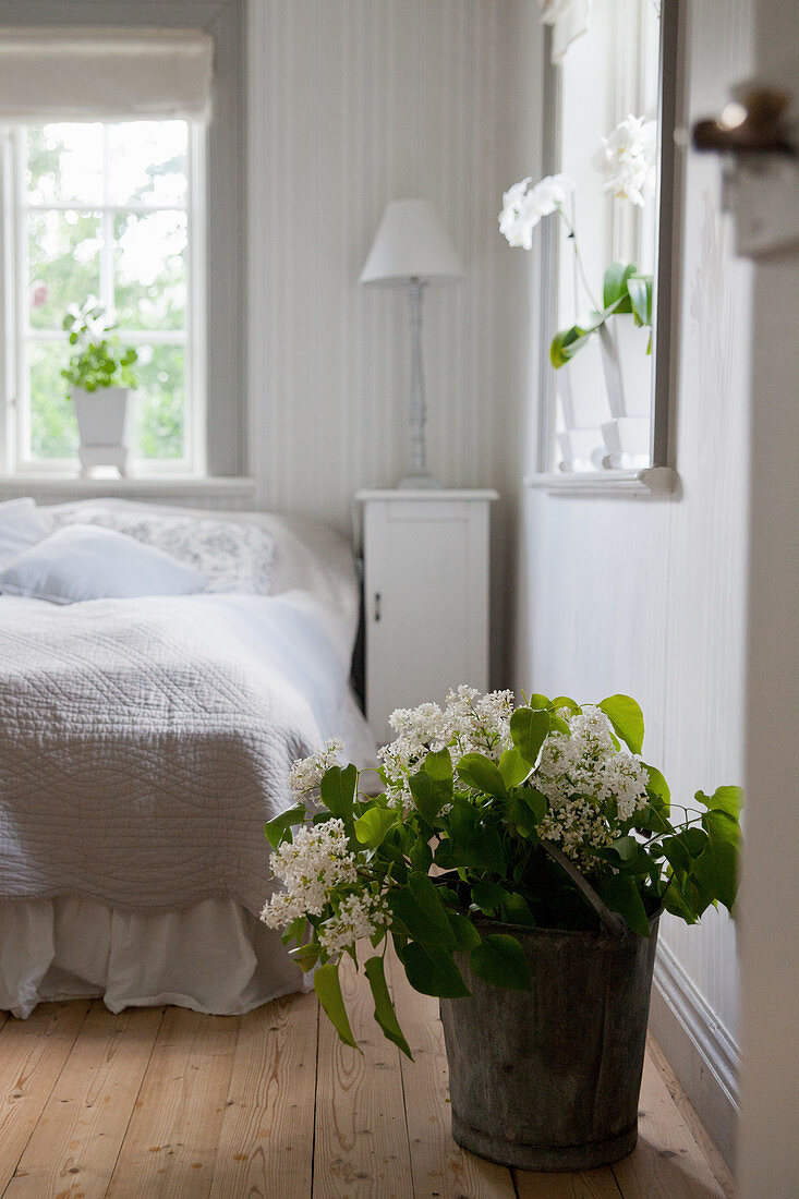 Bucket of white lilac on wooden floor in bedroom