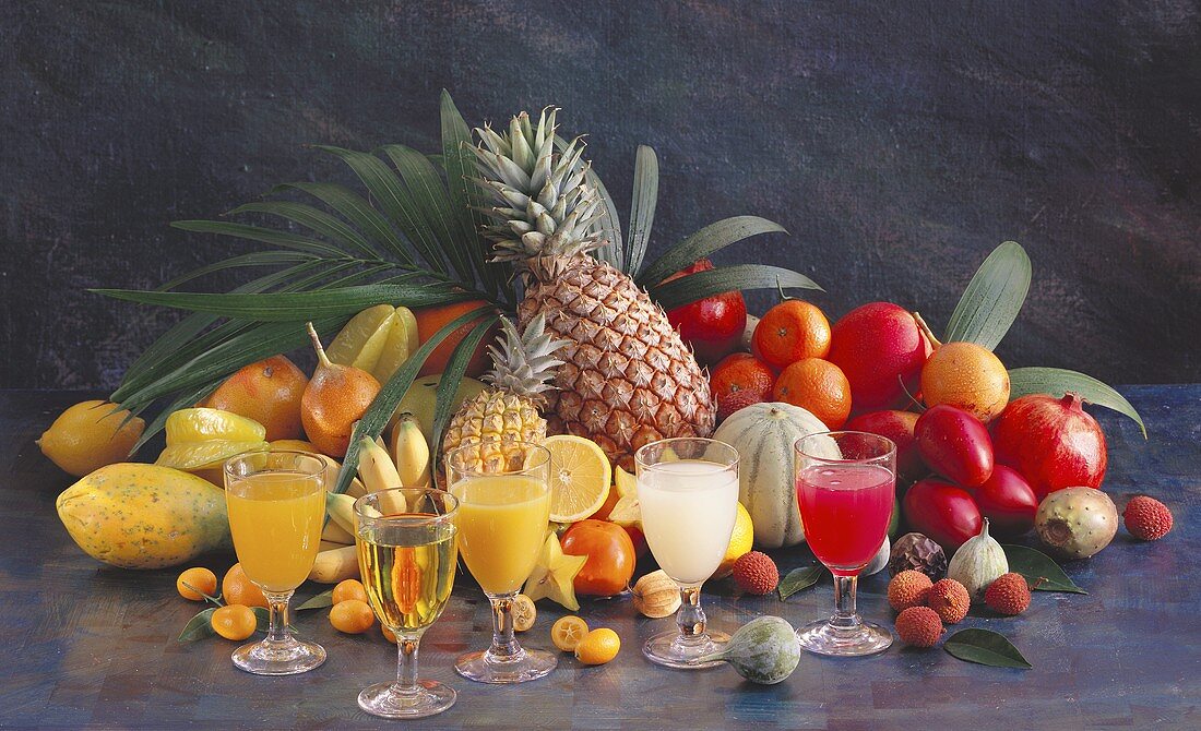 Still Life of Assorted Fruit with Assorted Fruit Juices