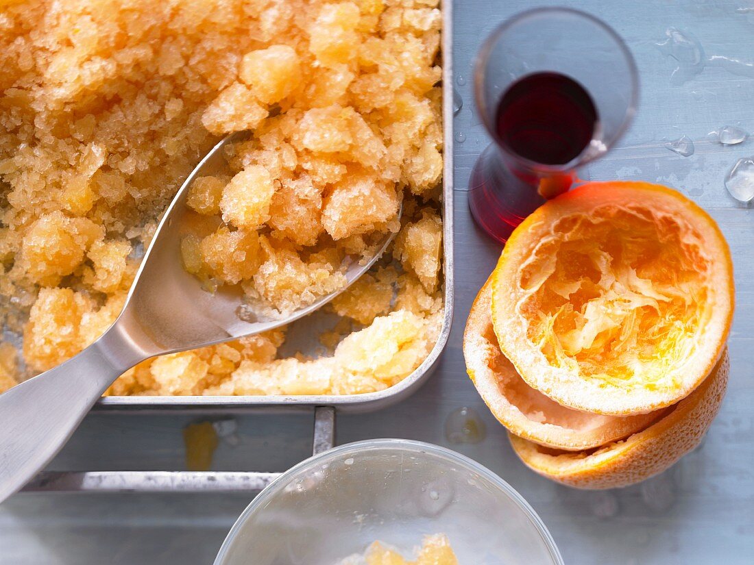 Grapefruit and orange granita with Campari served in oranges