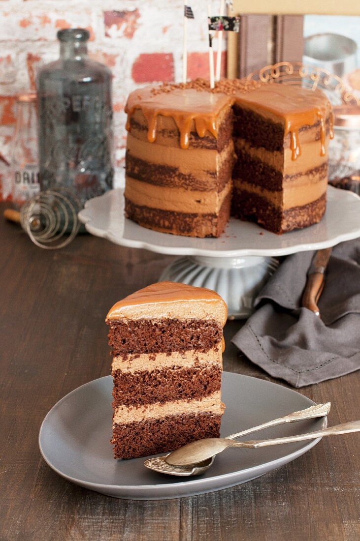 Chocolate cream cake with salted caramel