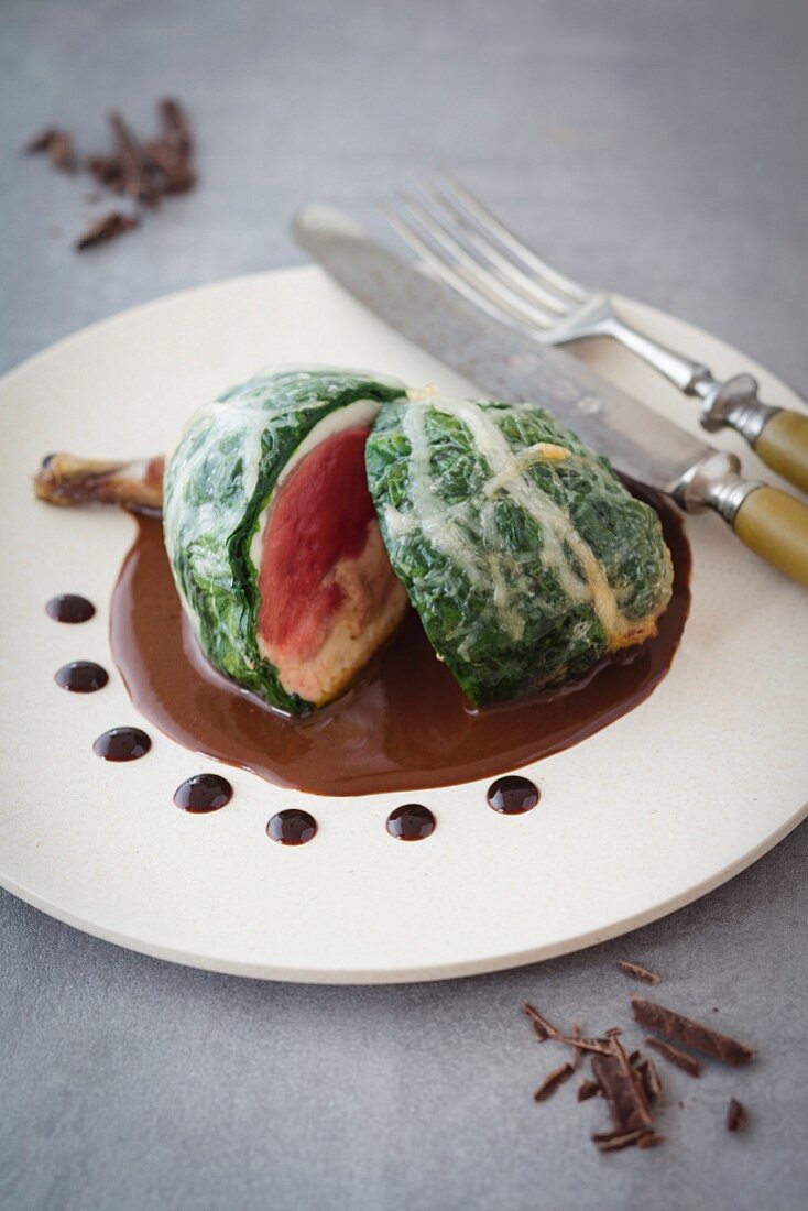 Pigeon roulade with a spinach coating