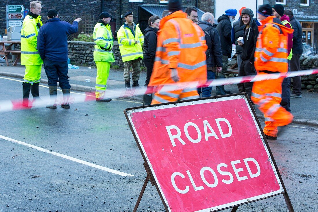 Road closed by flooding, UK