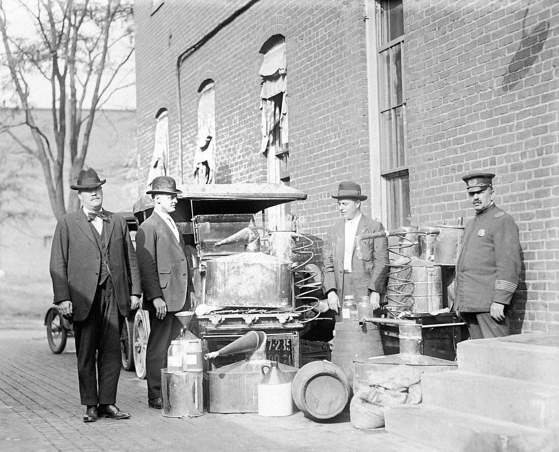 Still confiscated in prohibition raid, 1920s