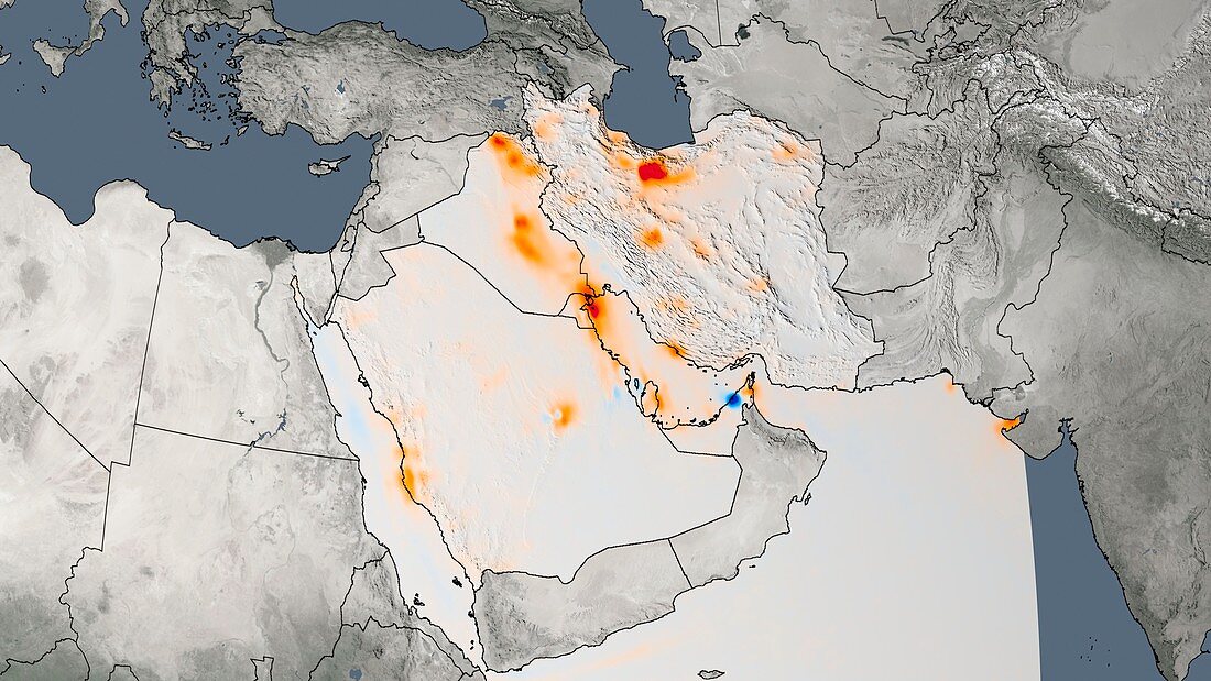 Middle East nitrogen dioxide trend 2005-2014, satellite map