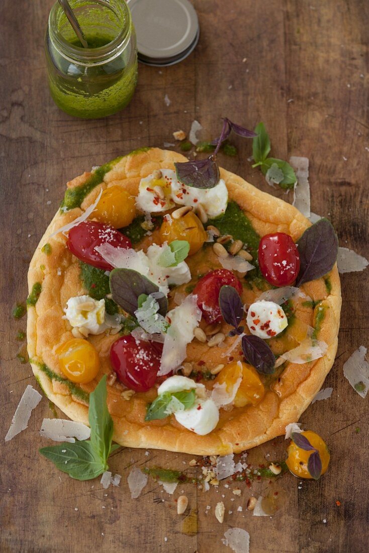 Cloud Bread Pizza (carb-free dough) with red and yellow tomatoes