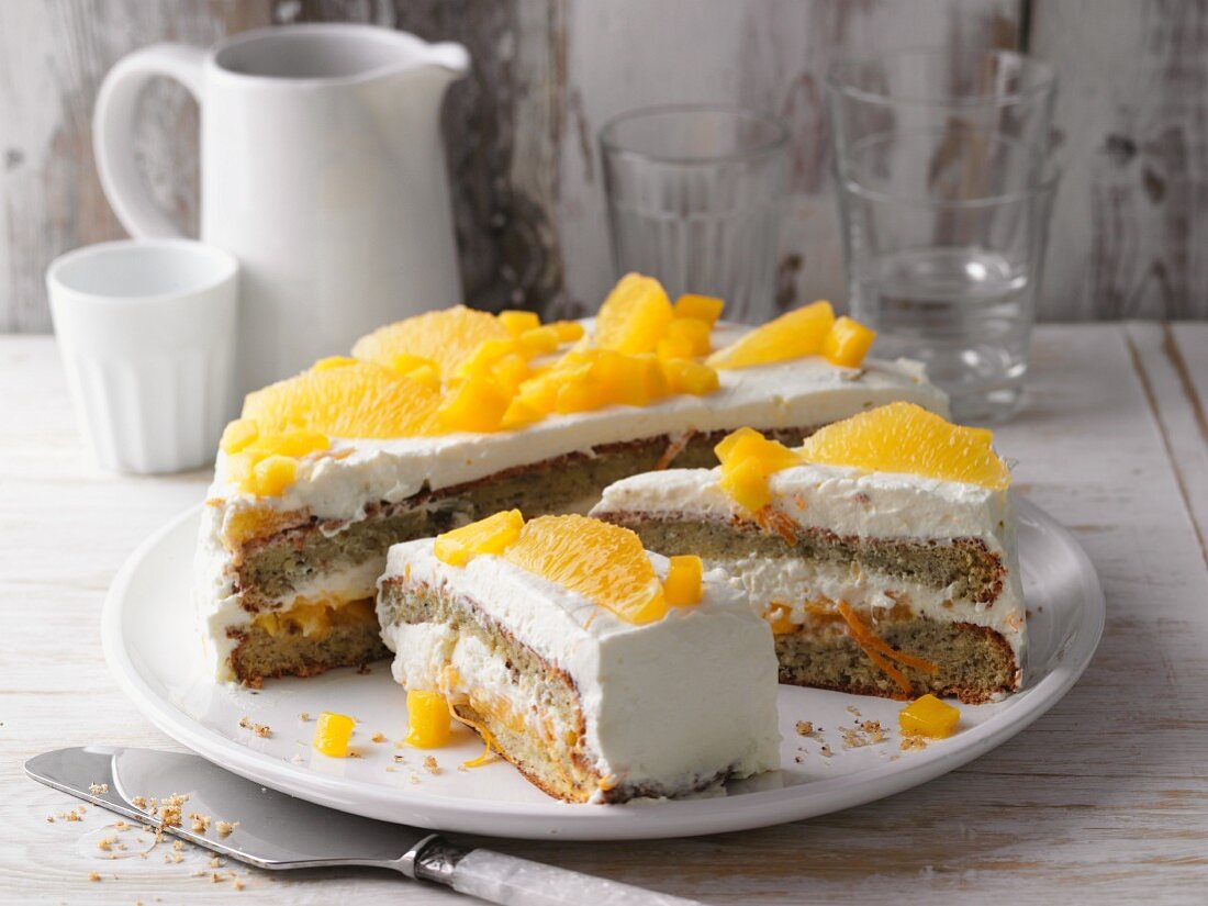Mango and orange cake with mascarpone cream