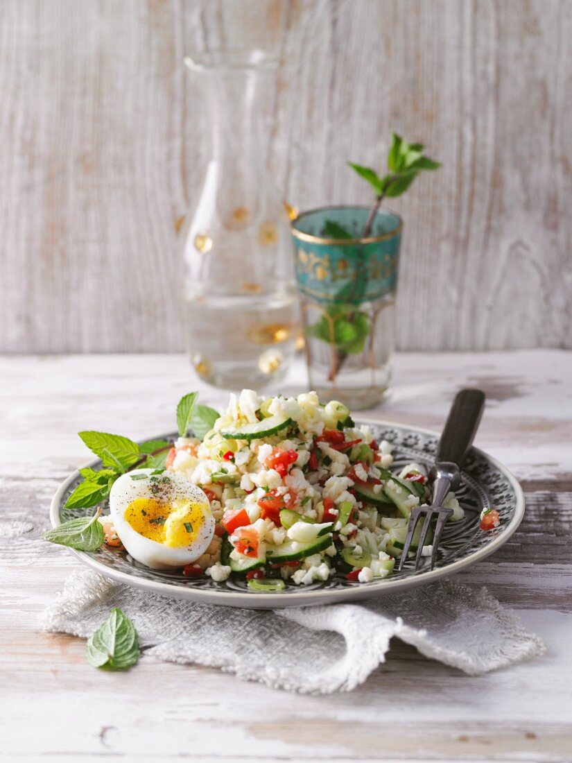 Cauliflower tabbouleh with eggs and mint