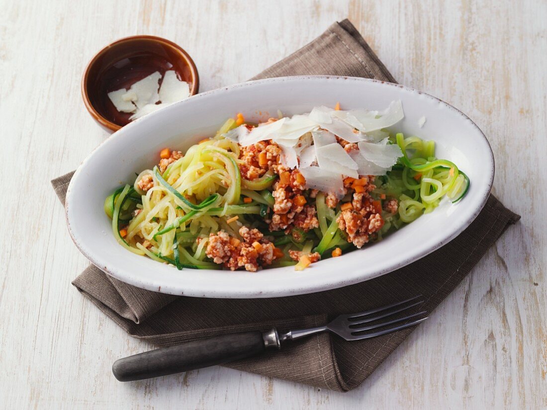 Courgette pasta with minced chicken bolognese