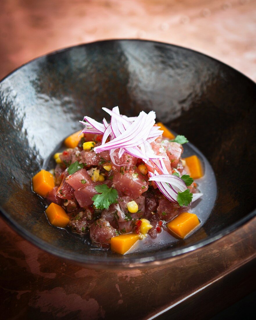 Tuna fish ceviche with sweetcorn and sweet potatoes at the Charango restaurant, Cape Town, South Africa
