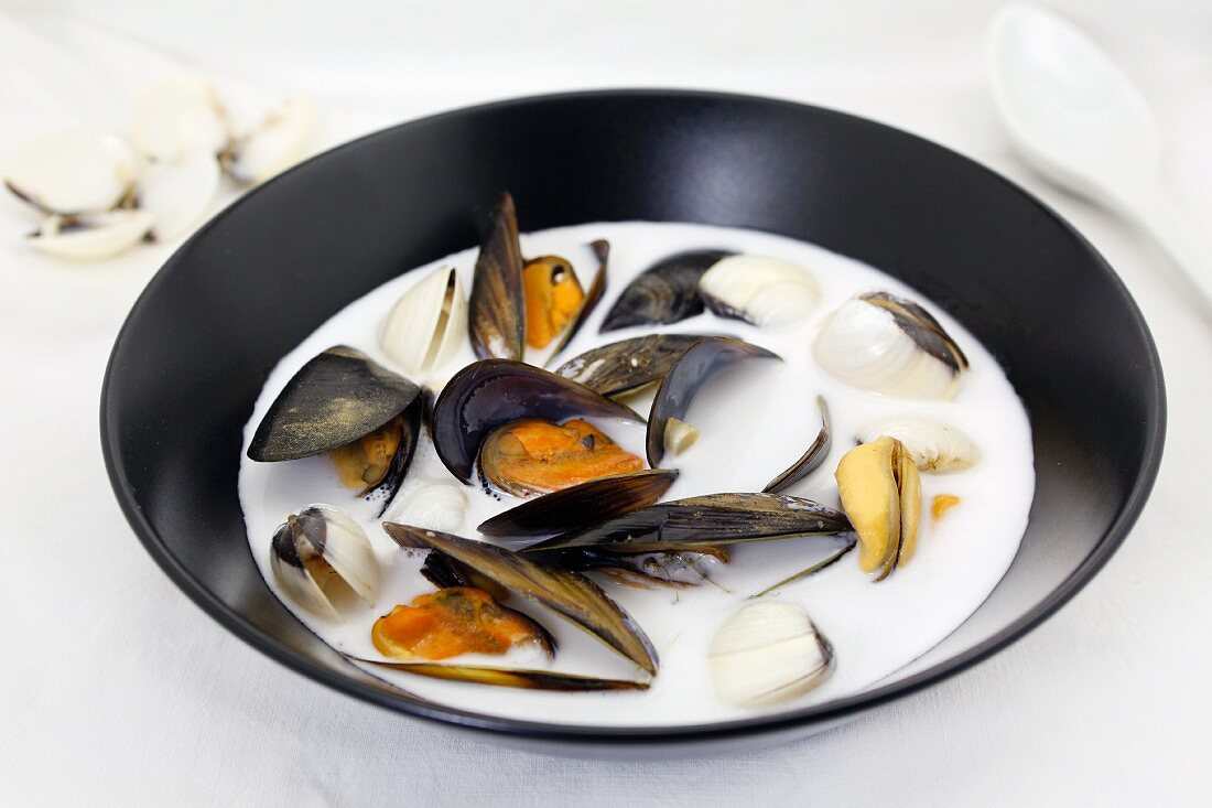 Clam chowder with mussels, clams and coconut milk