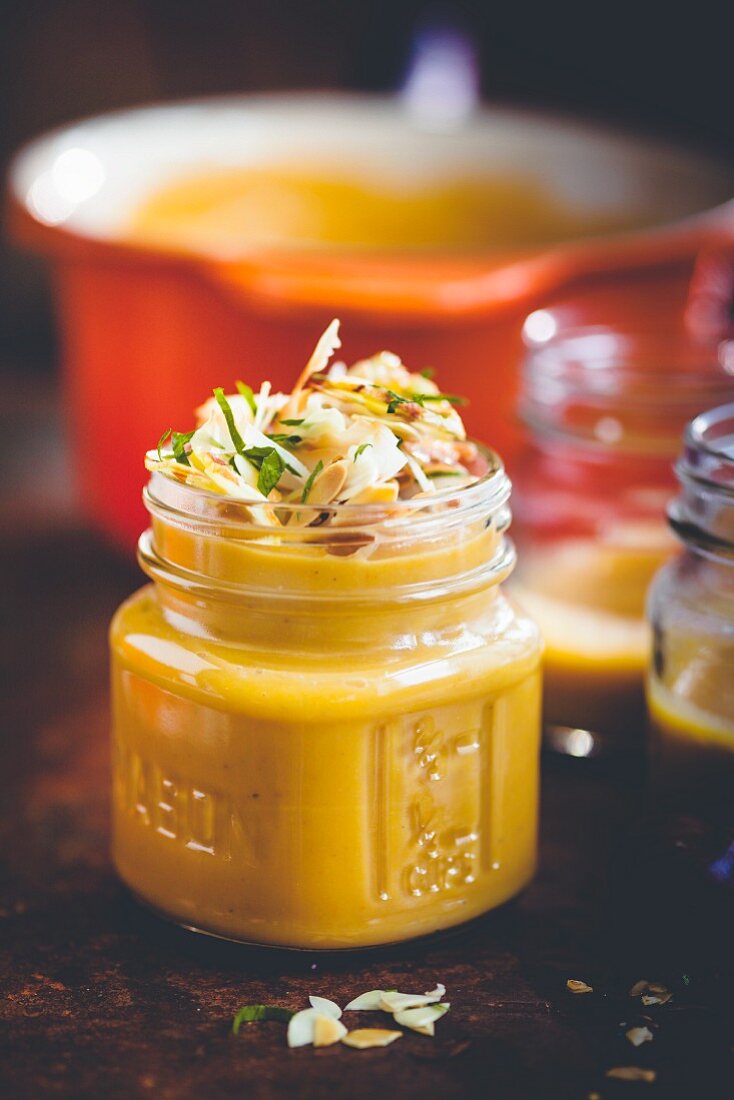 Pumpkin soup with almond flakes