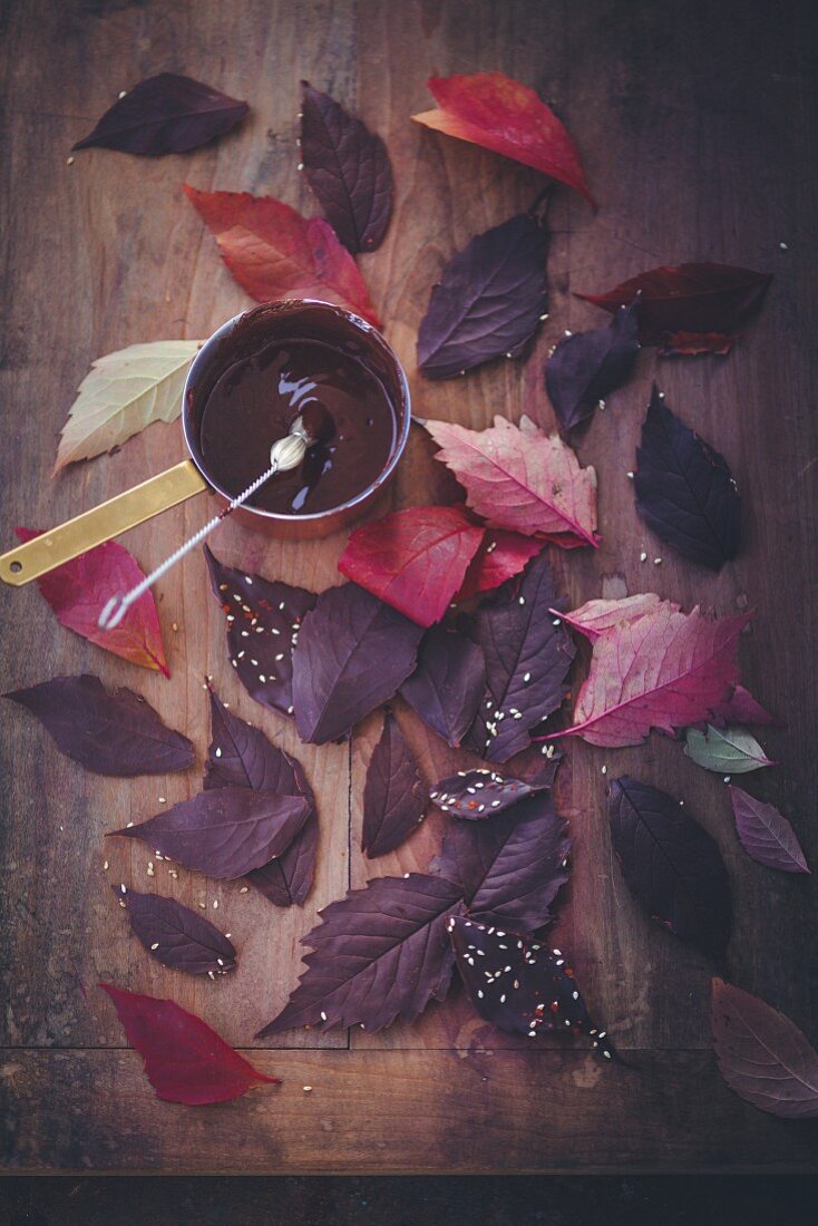 Melted chocolate and autumnal leaves
