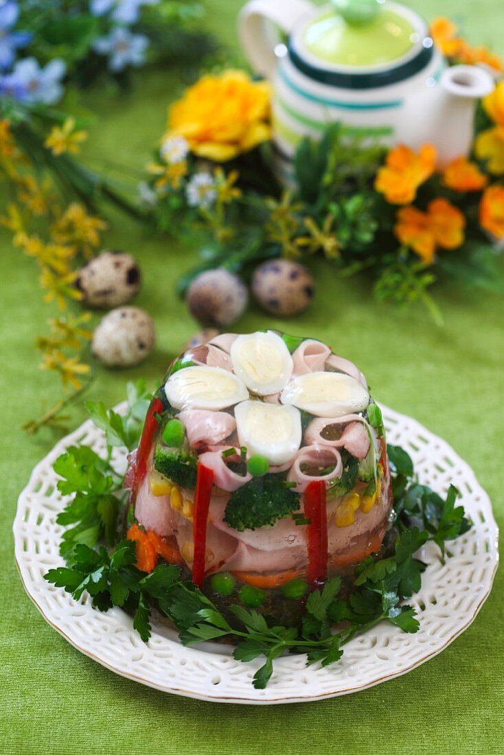 Quail's eggs, vegetables and ham in aspic for Easter