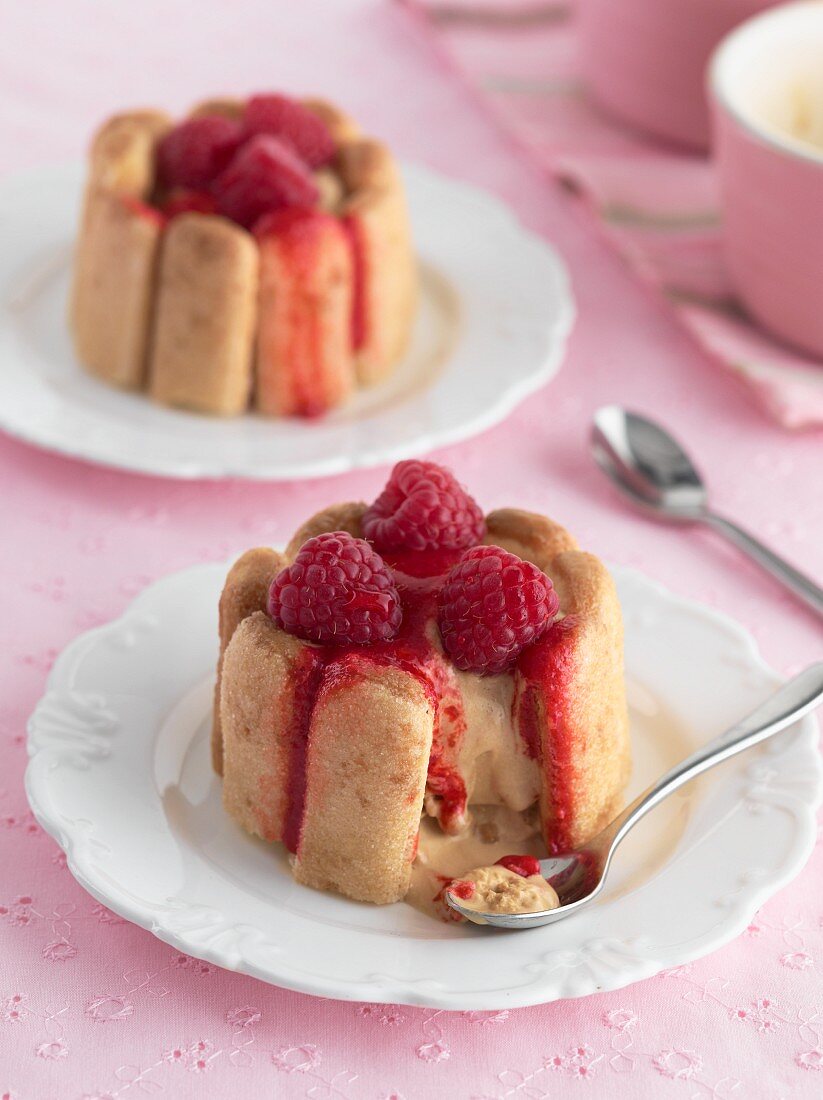 Two raspberry Charlottes on a pink tablecloth