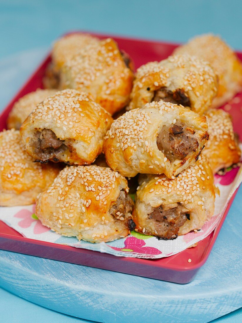 A pile of mini sausage rolls