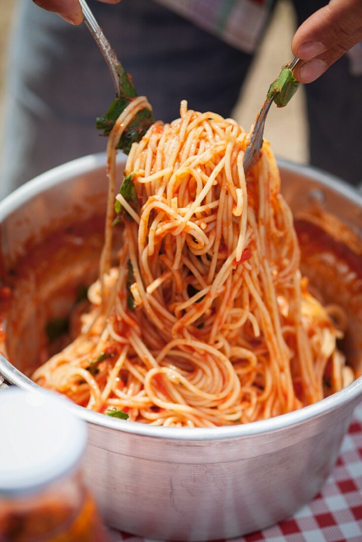 Plate of spaghettis with tomato sauce and basil