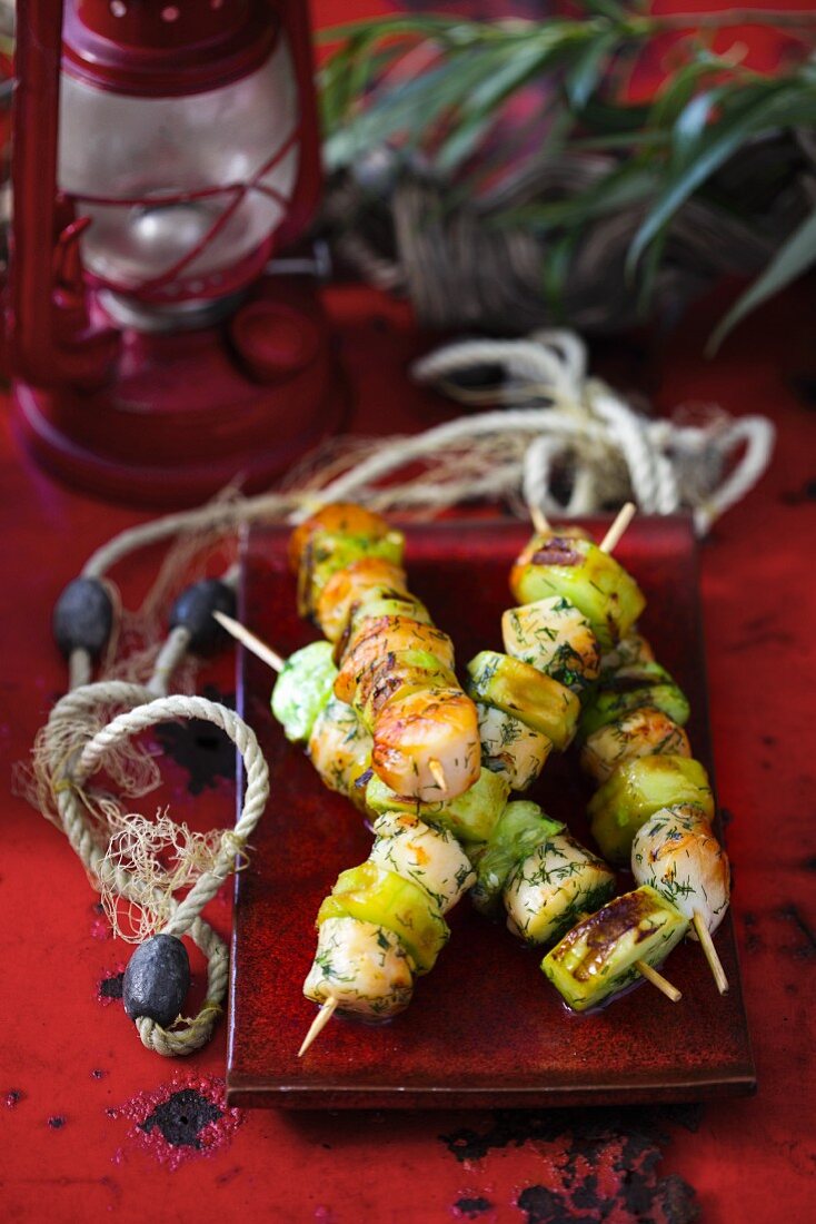 Grilled scallop and cucumber skewers