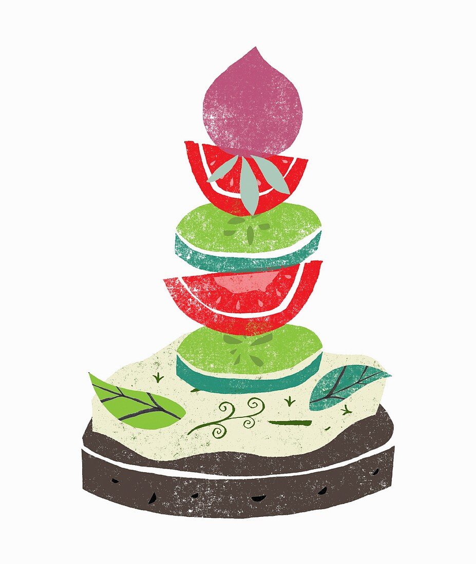 Pumpernickel with herb quark and a stack of vegetables (illustration)