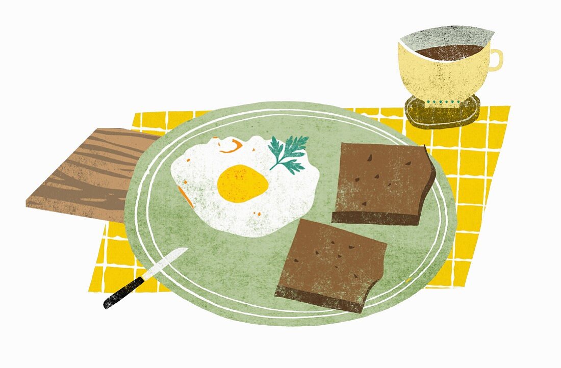 Frühstück mit Kaffee, Vollkornbrot und Spiegelei (Illustration)