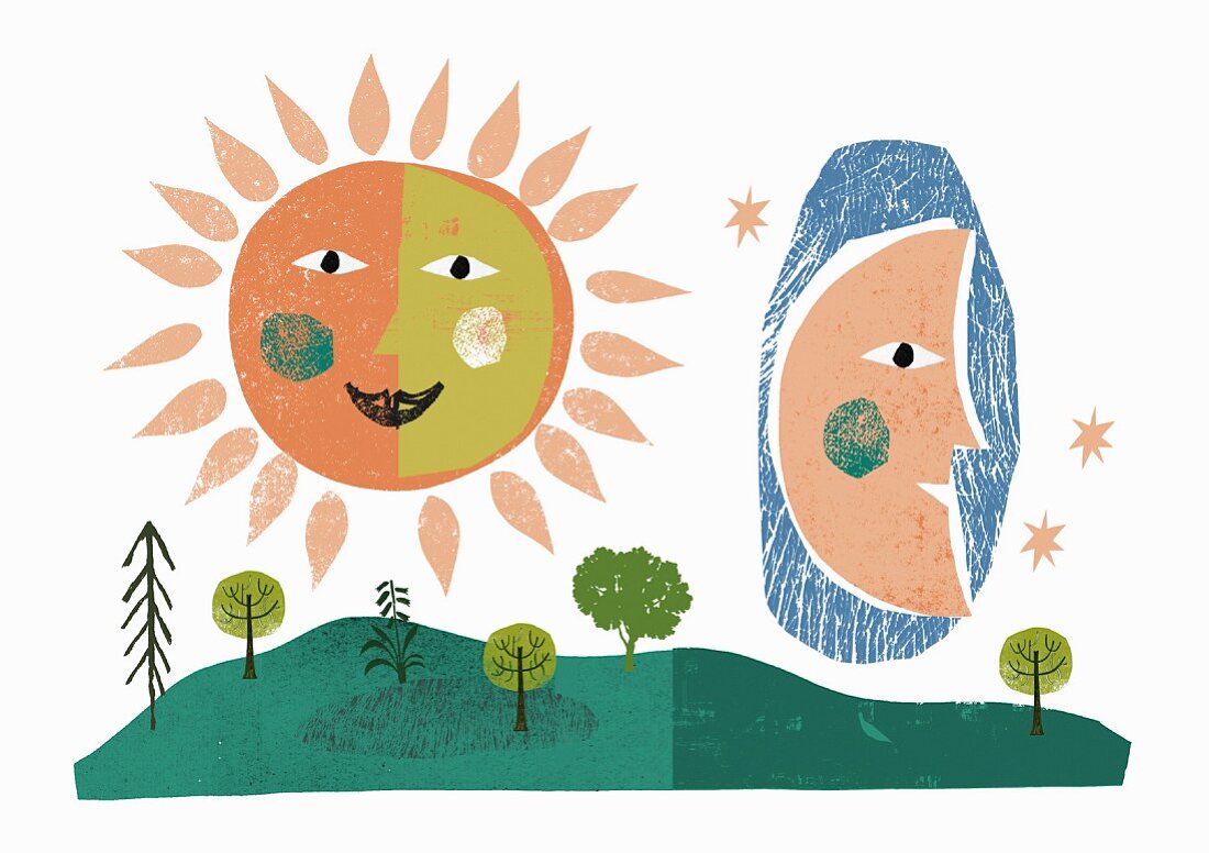 A sun and a moon above a landscape (illustration)