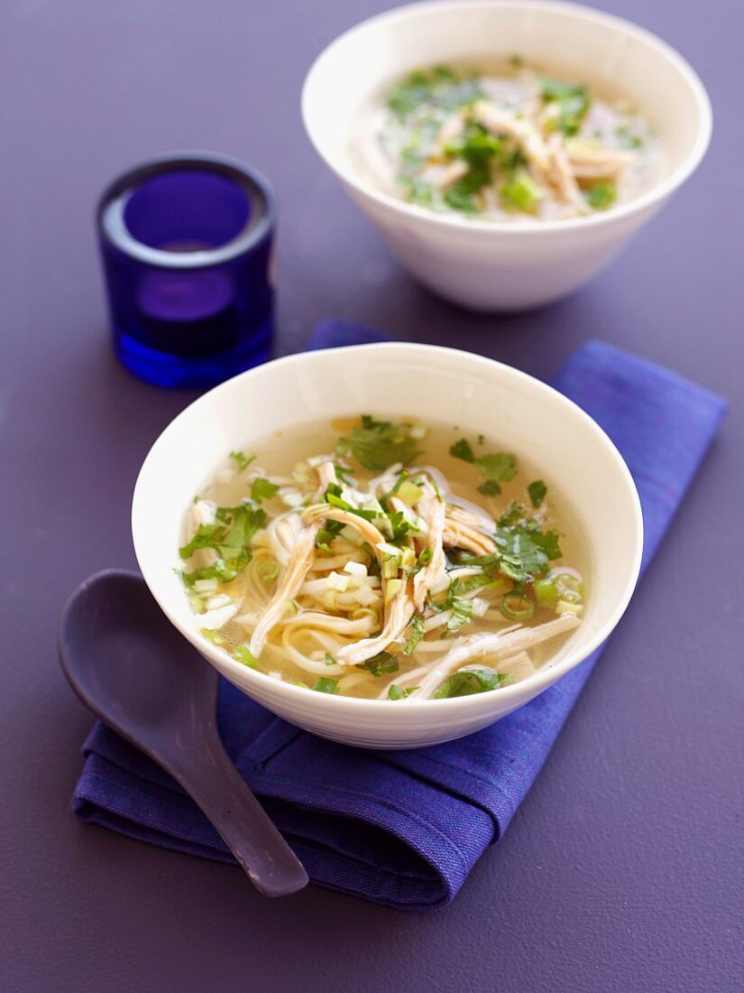 Nudelsuppe mit Hähnchen und Koriandergrün (Asien)