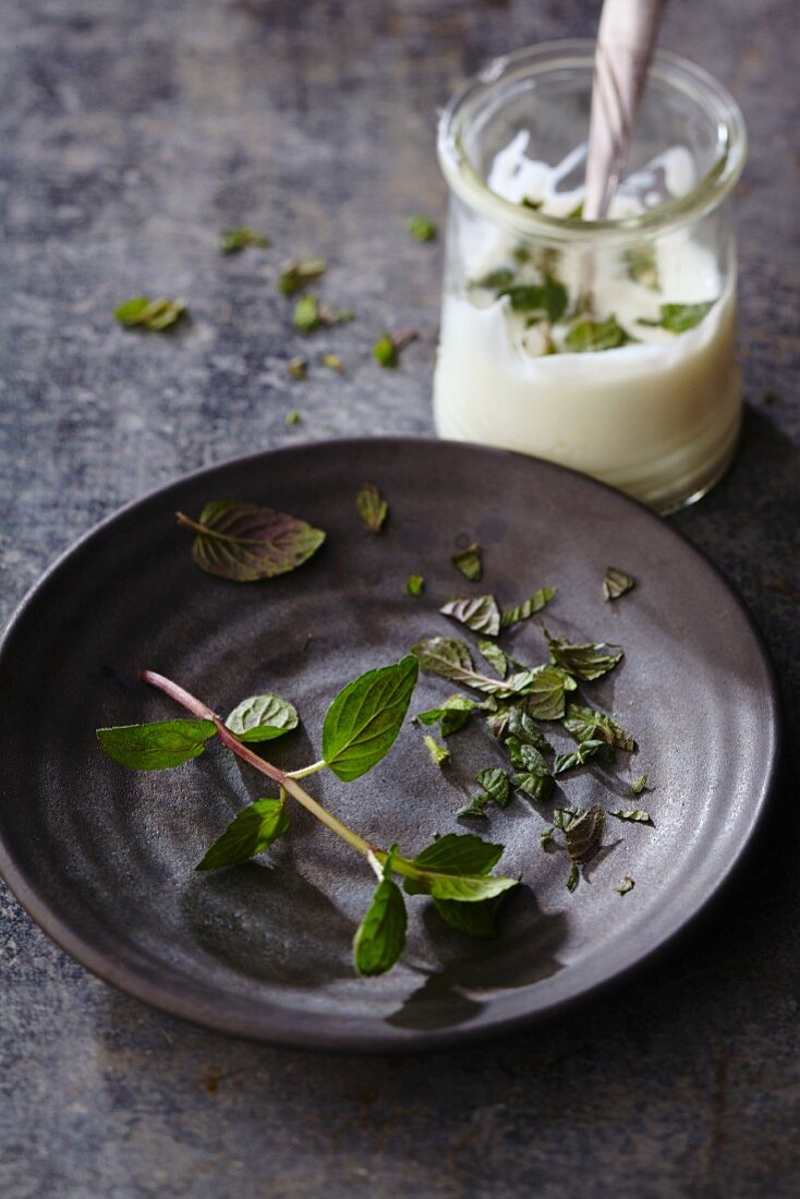 Fresh mint leaves for a minute and yoghurt dip being chopped