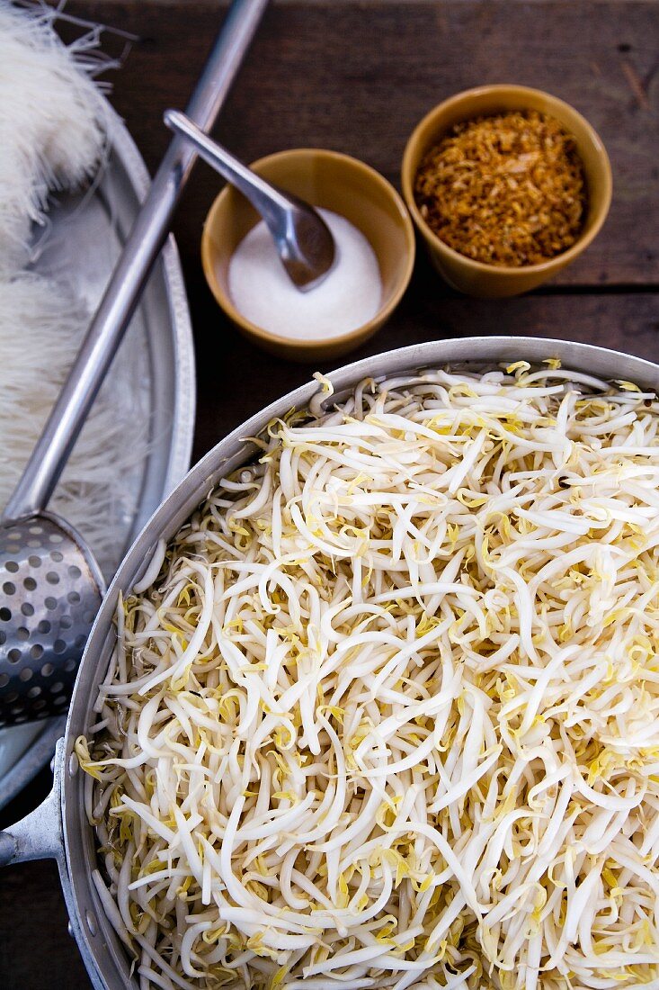 A bowl of soya bean sprouts at a cookshop stand (Thailand, Asia)