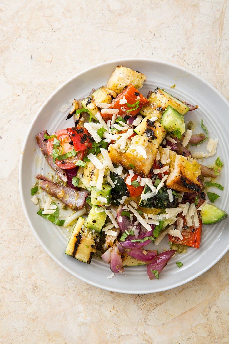 Grilled panzanella (bread salad, seen from above)
