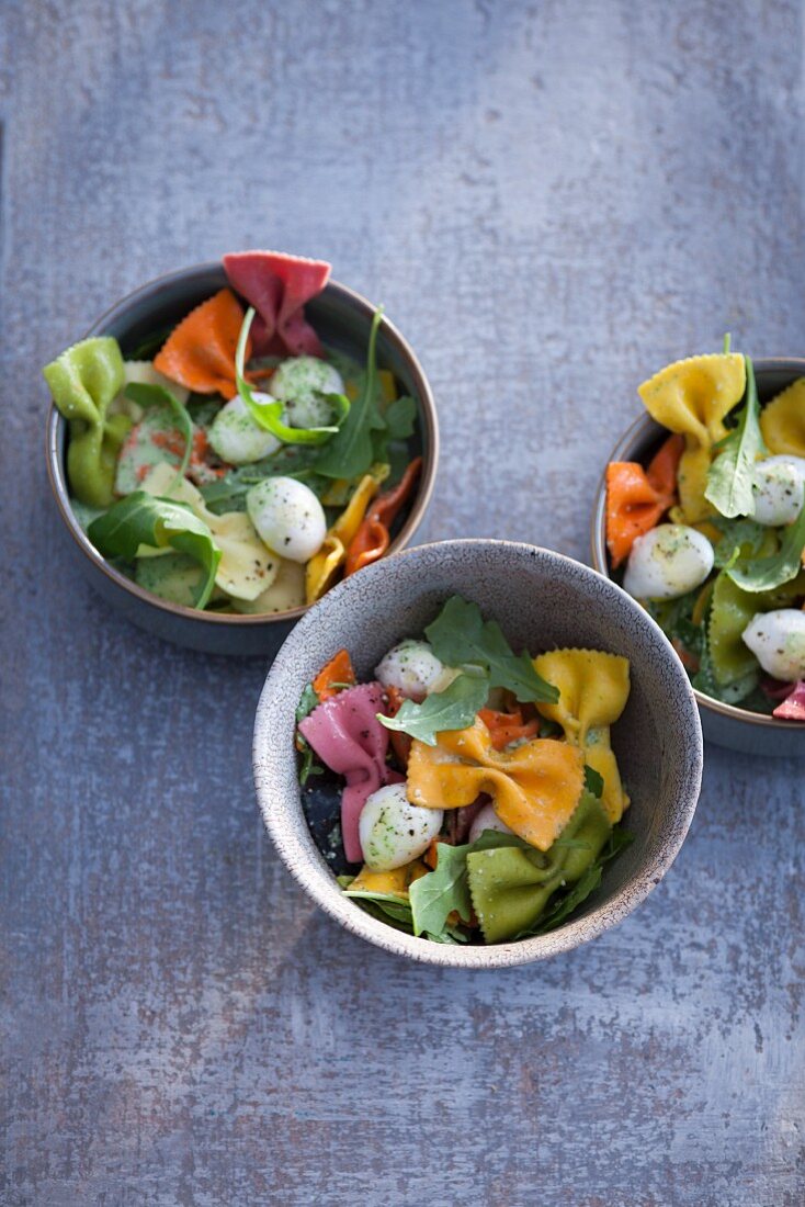 Bunter Farfalle-Salat mit Minimozzarella und Basilikum