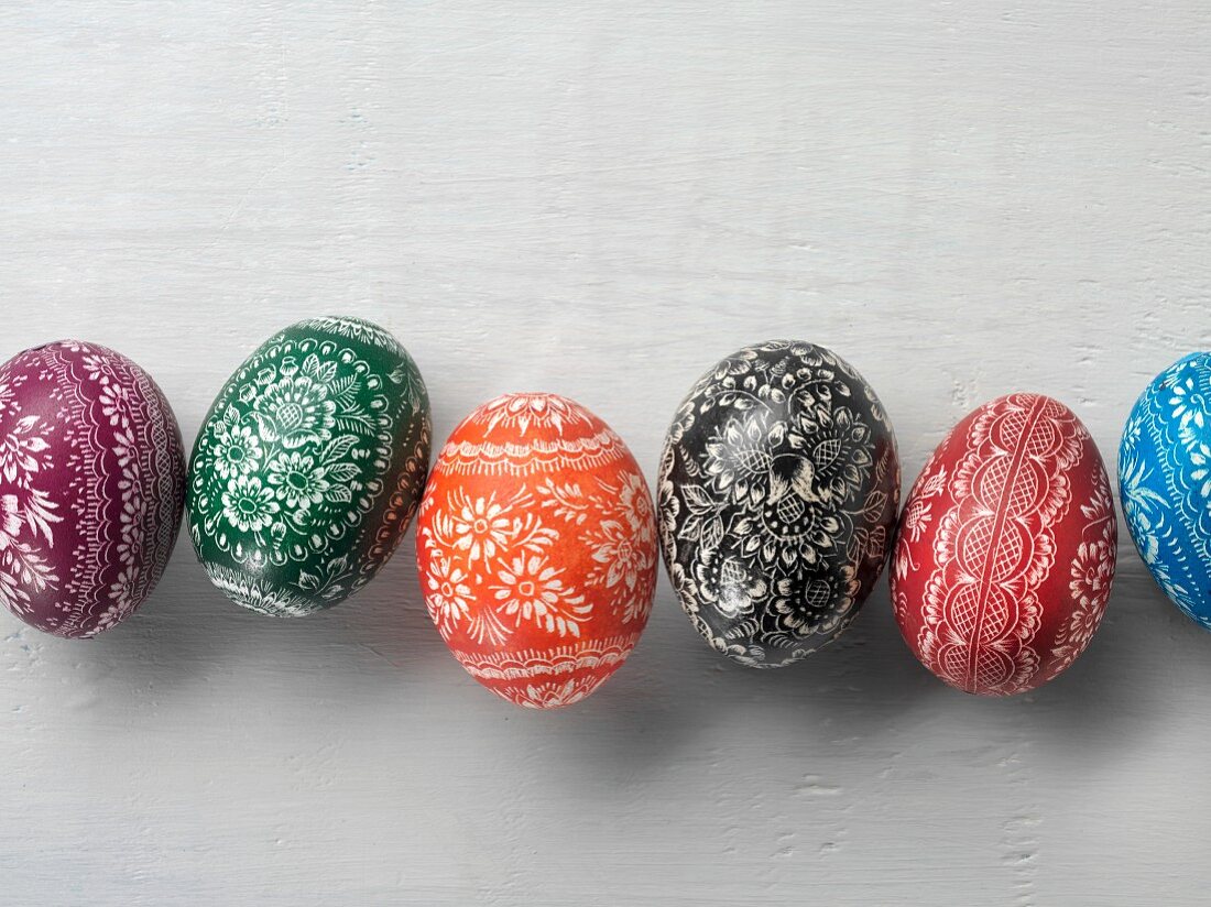 Sorbian Easter eggs on a white surface