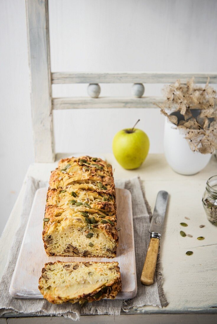 Savoury apple, cheese and walnut bread, sliced