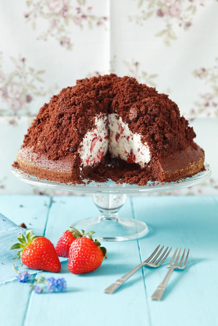 Chocolate cake with whipped cream and strawberries