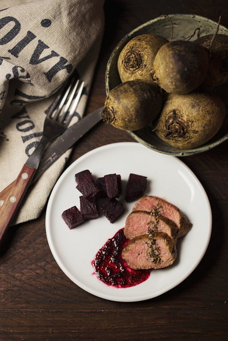 Saddle of lamb with beetroot