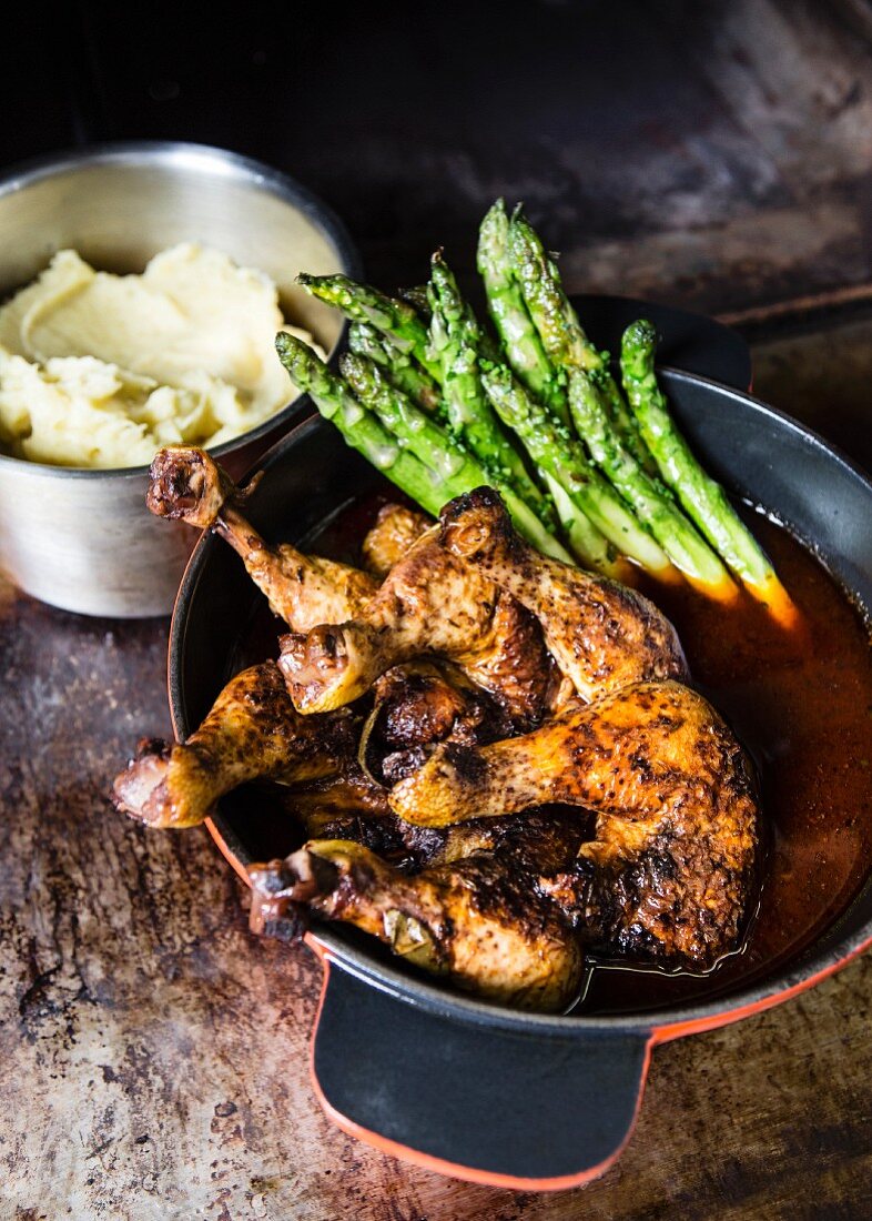 Coq au vin with asparagus and mashed potatoes