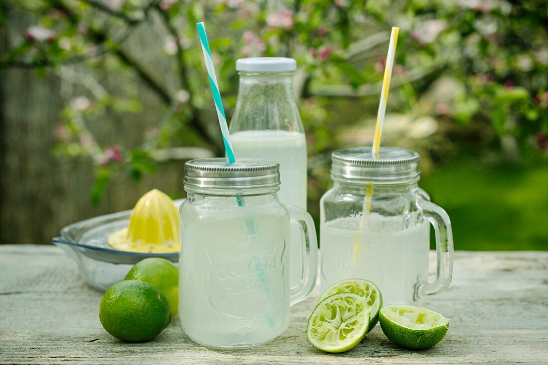 Homemade limeade on a table outside