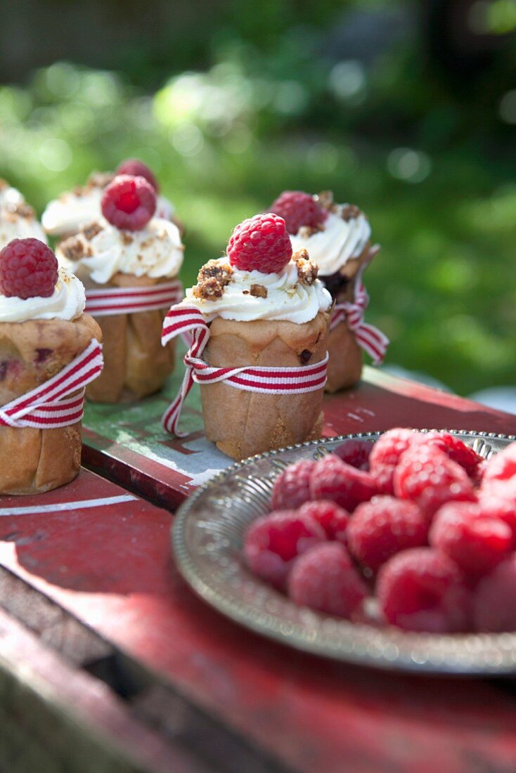 Homemade muffins with raspberries and cream on a garden table