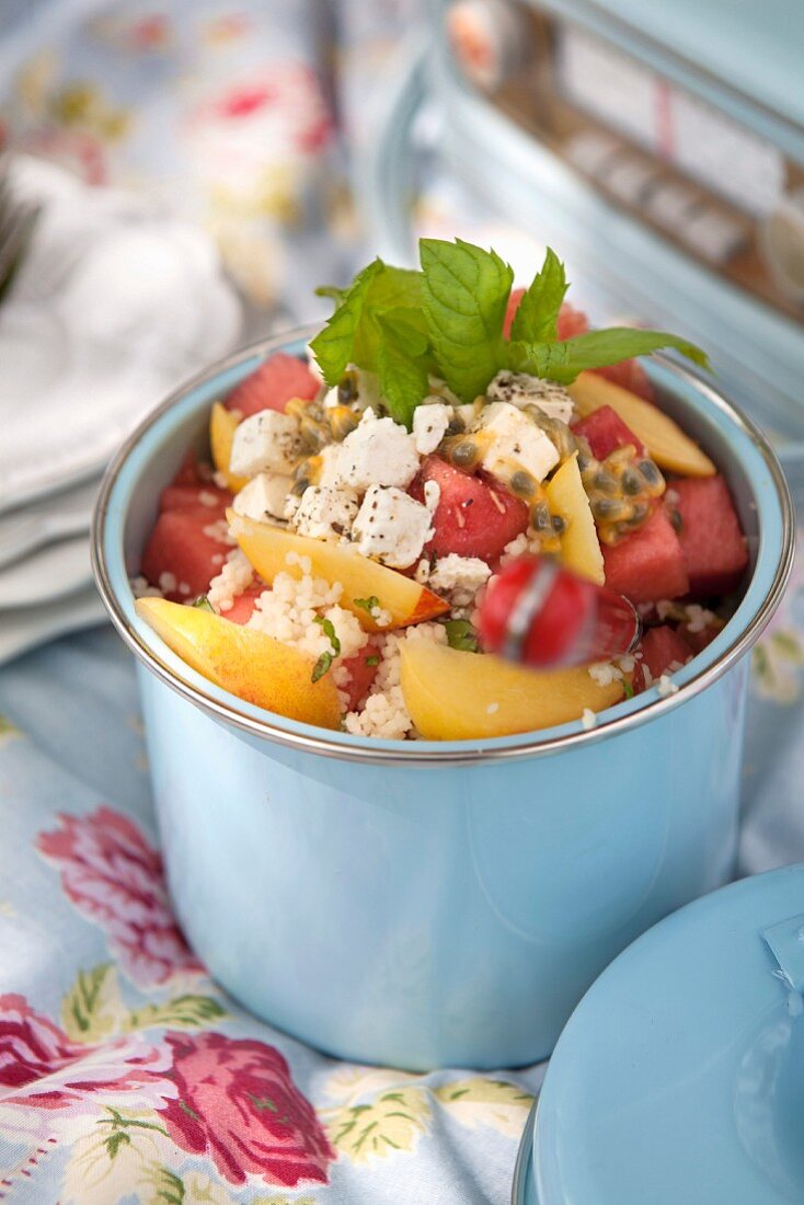 Couscous salad with watermelon and feta cheese