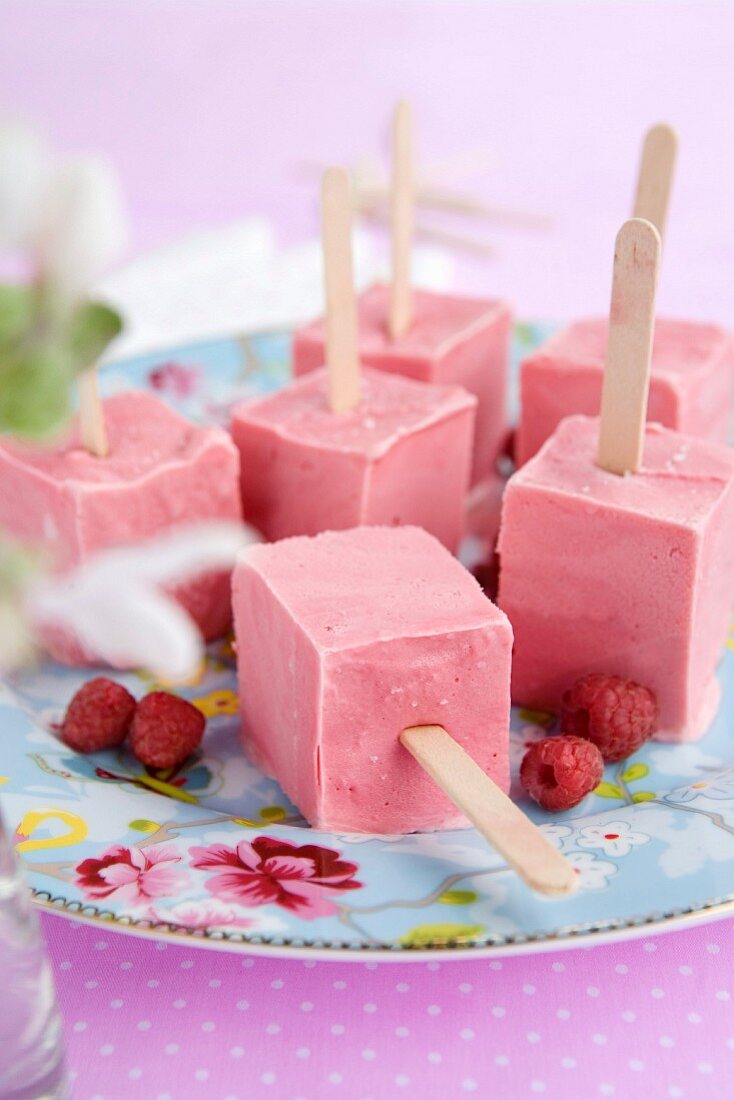 Homemade raspberry ice cream sticks